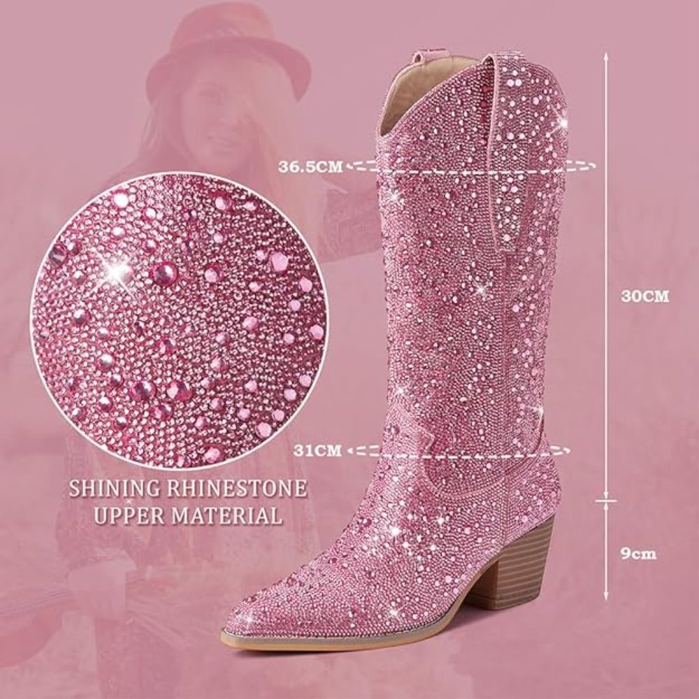NWT Sparkling Bling Swarovski Crystal PINK Women Knee High Cowboy Boots … - Picture 4 of 9